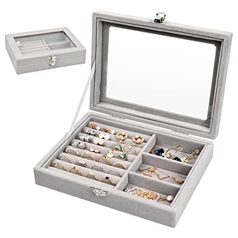 Zsanhua Velvet Jewellery Box, Glass Lid Jewelry Display Case for Ring Earring Necklace, Jewelry Storage Organizer with Removable Dividers for Girls and Women Cover