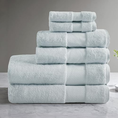 madison park turkish 100% cotton 600gsm luxury premium thick soft absorbent hotel bathroom towel set shower hand face washcloths, assorted sizes, light blue 6 piece light blue 6-piece towel set (30"x58")