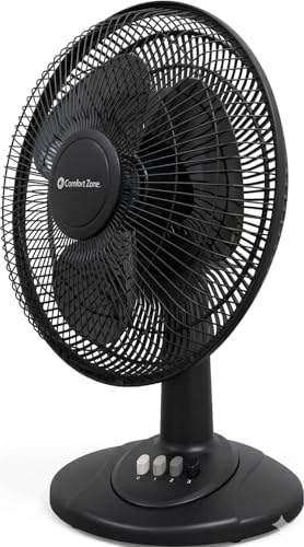 Comfort Zone 16-Inch Oscillating Table Fan – Large 3-Speed Quiet Desk Fan with Wide-Area Oscillation, Adjustable Tilt & Metal Safety Grill – Ideal for Home Office, Bedroom & Dorm