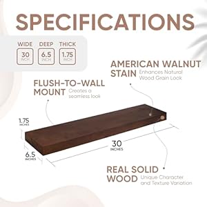 Homeforia Walnut Floating Shelves 30 Inches Long Premium Solid Wood Long Walnut Floating Shelves for Living Room Heavy Duty Bracket 30 x 65 x 175 inch Set of 2