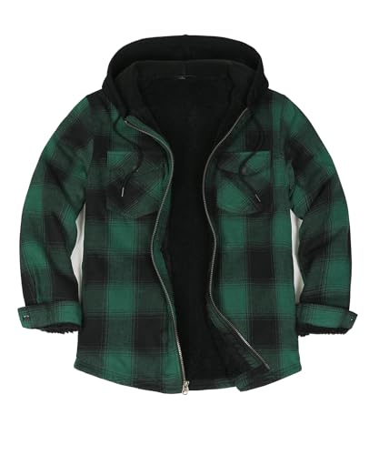 Image of ZENTHACE Mens Sherpa Lined Flannel Shirt Jacket with Hood,Full Zip | All Sherpa Lining,Adjustable Drawstring,4 Utility Pockets,Transitional Weather Layering Coat,Outdoor Walk,Casual Dailywear
