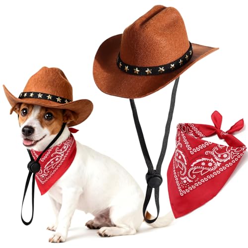 Pet Cowboy Costume Dog Cowboy Hat with Bandana Scarf Adjustable Cat Cowboy Hat for Party Cosplay Christmas Halloween Cowboy Costumes for Small Pet Dogs Cats (Brown Medium)