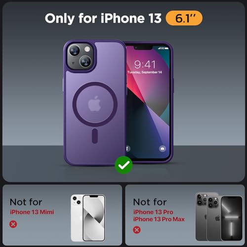 Image of Miracase Magnetic for iPhone 13 Case 6.1 inch (Compatible with MagSafe)(with 2X Screen Protectors) Military-Grade Protection, Anti-Fingerprint Translucent Matte Phone Case Cover, Dark Purple