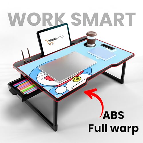 Image of WONDWILD Smart Multipurpose Foldable Laptop Table with Cup Holder, Study Table, Bed Table, Breakfast Table, Foldable and Portable /Ergonomic & Rounded Edges /Non-Slip Legs (ABS DRM)
