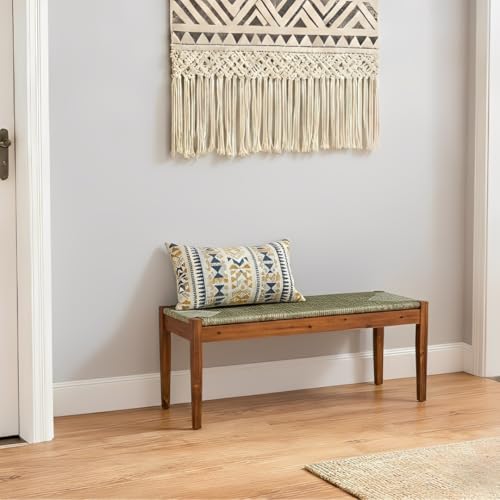 Image of Solid Wood Acacia Indoor Bench with Natural Woven Seat, 45 Inch Wood Bench for Living Room or Entryway, Bedroom End of Bed Bench or Dining Benches, Window Bench