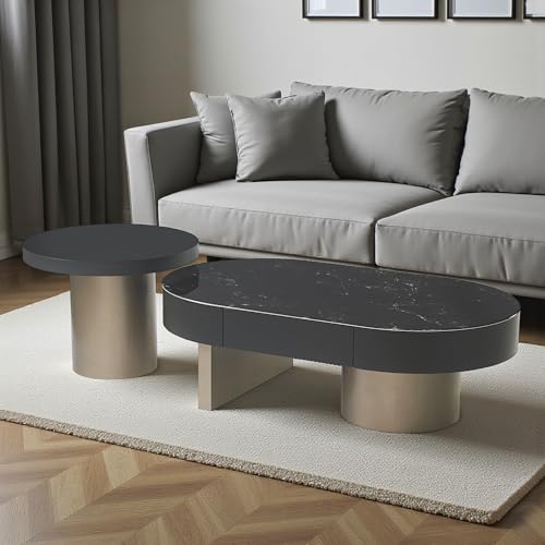 Image of The Attic Noir Luxe Coffee Table Set of 2 | Black Marble Finish | Modern Center & Side Table Combo for Living Room | Metal Base | Stylish Designer Furniture