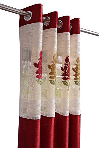 Image of Polyester Floral Patch Printed Curtains for Home Decor, Windows, and Long Door (Set of 2 Pcs, Maroon, 5 Feet)