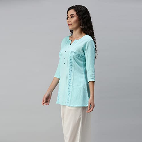 Image of SheWill Cotton Blend Stripe Print Embroidered A-Line Tunic