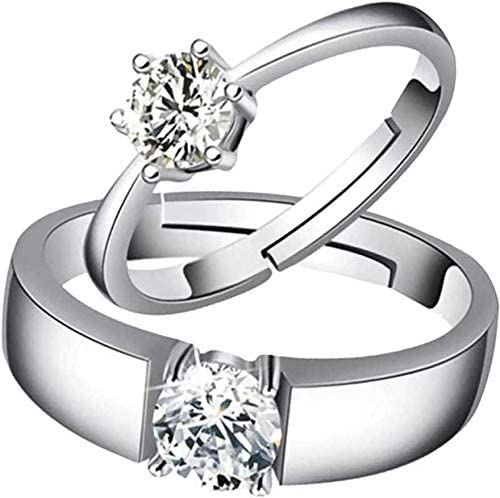Silver Couple CZ AD Solitaire Rings Single Valentine Gifts Silver Platinum Love Heart Stainless Steel Crystal Finger Ring set Combo For Women Couples Girls Men Boys