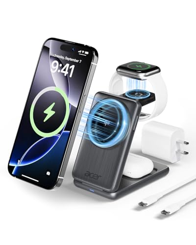 Acer Magnetic Wireless Charger, 3 in 1 Wireless Charging Station, 15W Fast MagSafe Charger for iPhone 16 15 14 13 12 Series -Apple Watch 10 9 8 7 6 5 4 3 2 SE and Ultra Series-Airpods 4 3 2 Pro Series