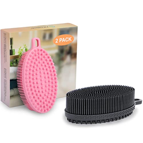 FREATECH Paquet de 2 Brosse pour Corps avec Peigne en Silicone à 2 Faces pour Bain & Douche, Nettoyage Efficace et Massage Fin, Exfoliation, Éliminer Cellulite, Stimule Cellules, Noir & Rose Cover