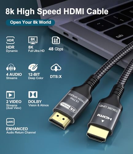 8. Bild von Adauxter 10K 8K HDMI 2.1 Kabel 2M, Zertifiziert 48Gbps Ultra High Speed HDMI Kabel mit Ethernet 4K 240Hz 165Hz 144Hz 120Hz 8K 60Hz eARC HDCP2.3 HDR10+ PC Laptop TV Monitor Projektor PS5 X-Box 2 Meter