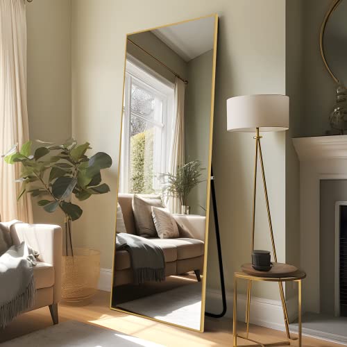 Image of NeuType 71 inchx24 inch Full Length Mirror with Standing Holder Aluminum Alloy Frame Floor Mirror Wall-Mounted Mirror for Living Room, Bedroom, Hanging or Leaning Against Wall, Golden (with Stand)