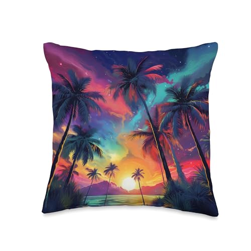 Tree Leaves Summer theme Palm Aurora northem Lights Sunset Tropical Tree Leaves Throw Pillow, 16x16, Multicolor