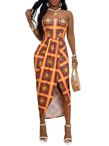 Image of Umenlele Women's Strapless Ruched High Waist Wrap Split Asymmetrical Beach Maxi Long Dress
