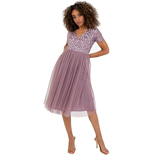 Maya Deluxe Damen Midi-Kleid mit V-Ausschnitt, Verziert Brautjungfernkleid, Moody Lilac, 40