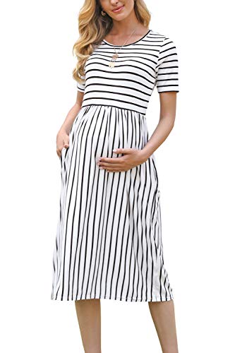 Xpenyo Women's Casual Short Sleeve Empire Waist Maternity Dress Midi Pregnancy Dress With Pockets White Striped L #TOP3