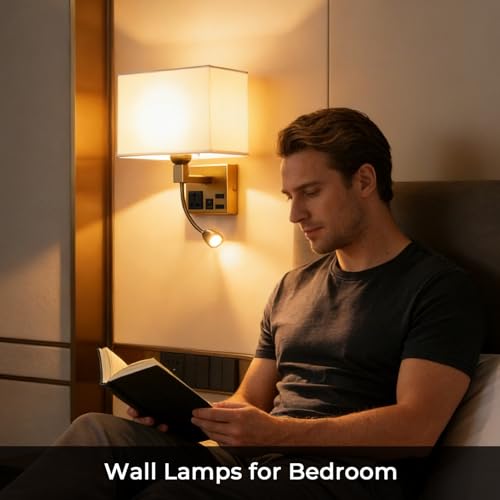 Image of Wall Lamp for Bedroom Living Room Office Hotel, Plug in Wall Sconce with AC Outlet & USB Charging Port, Wall Mount Reading Light 360Adjustable, Gold Headboard Lamp With 3 Color Temperature