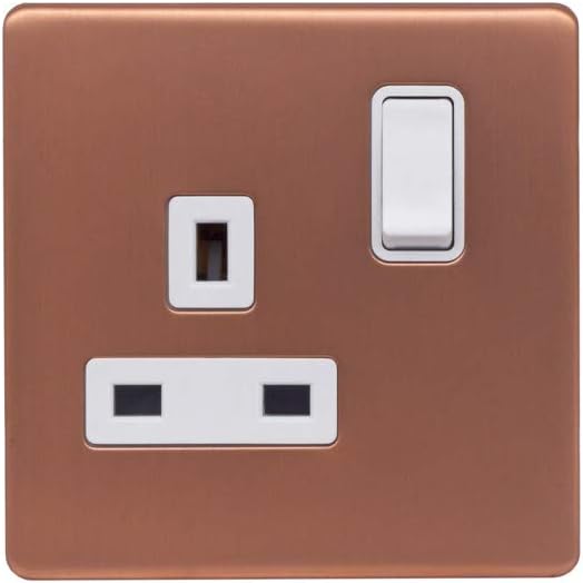 Lieber Brushed Copper 13A 1 Gang Switched Plug Socket, Double Pole - White Insert Screwless