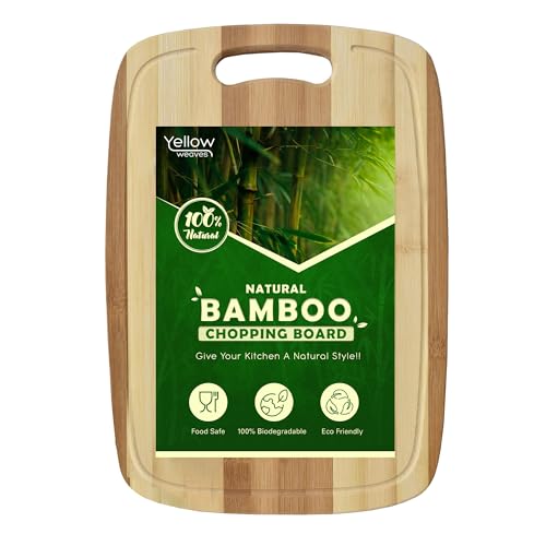 Image of Yellow Weaves Natural Bamboo Wood Cutting Board/Chopping Board with Juice Groove for Kitchen (24x34 cm)
