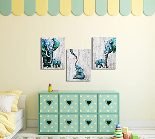 Derkymo 3 Pieces Elephant Pictures For Wall Animal Canvas Wall Art Baby Elephant Painting Prints For Kids Room Rustic Artwork Stretched And Framed Ready To Hang 12"X16"X3Pcs #TOP1