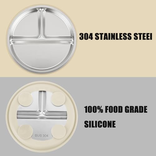 PandaEar 3er Set Edelstahl Kinderteller mit Saugnapf – Baby Teller rutschfest & unterteilt, Babyteller Saugnapf Set mit BLW Löffeln, Kinderteller Set für Babys & Kleinkinder, BPA-frei