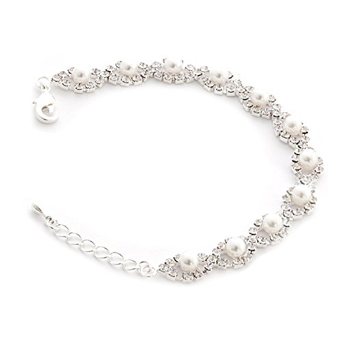 Silver Crystal Rhinestone Teardrop Formation with White Pearl Iink Bracelet by Topwholesalejewel
