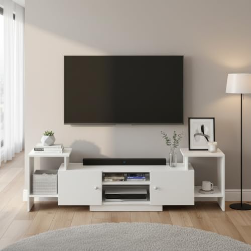 Image of FURNEASER Eptimal Modern Wooden TV Unit for Living Room | Engineered Wood Entertainment Center with Storage | TV Stand for 65 Inch TVs | TV Cabinet with Shelves & Doors (White)