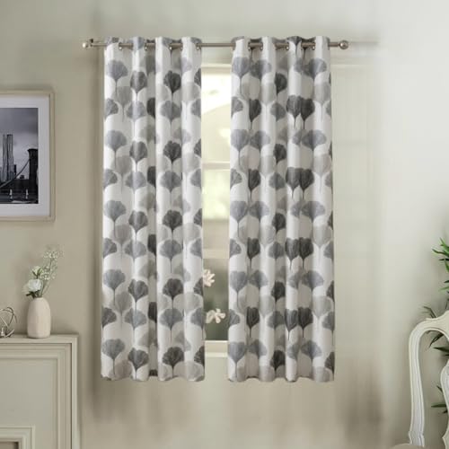 Image of HUTI 5 Feet Grey Window Curtain Set of 2 | Semi-Transparent Ginkgo Tree Printed Curtain | Soft Polyester Eyelet Window Curtains for Living Room & Bedroom 4x5 ft (120 x 150 cm) | Perfect for home decor