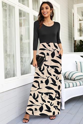 Image of WNEEDU Women's 3 /4 Sleeve Casual Loose Long Maxi Dresses with Pocket