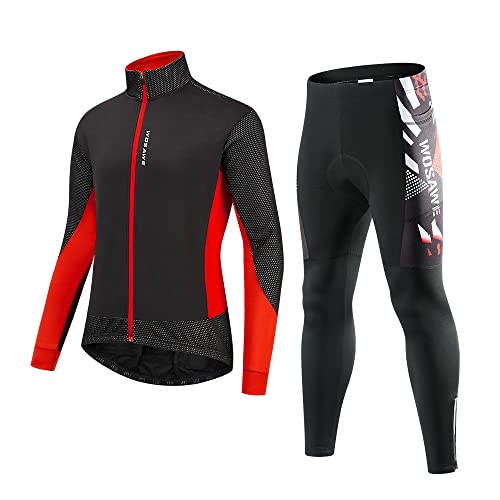WOSAWE Winter Fahrradbekleidung Set Thermo Fleece Windjacken mit 3D Gepolsterte Strumpfhose, Blaue Jacke, rote Hose, X-Large Cover
