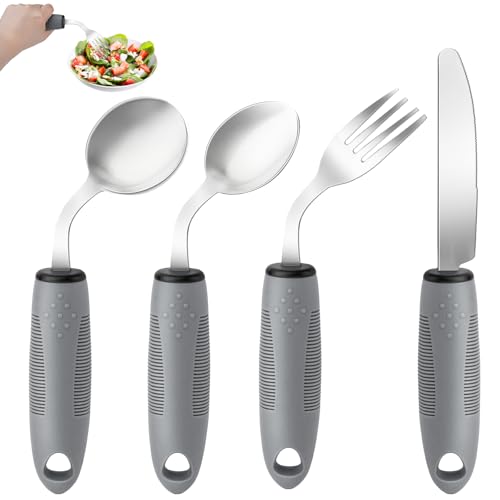 AuntyFey Weighted Adaptive Utensils, 4Pcs Weighted Utensils for Hand Tremors, 45°Angled Parkinsons Utensils for Elderly, 3.5oz Weighted Built Up Utensils for Adults, Disabled, Parkinson, Left-Handed