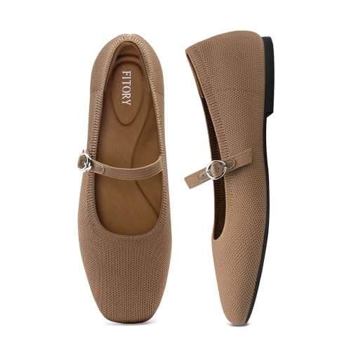 Image of FITORY Flats for Women, Mary Jane Ballet Square Toe Knit Ankle Strap Shoes