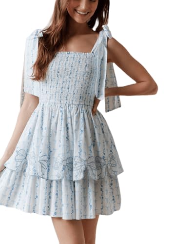 Image of Women Tie Shoulder Mini Dress Floral Ruffle Babydoll Dress Boho Square Neck Sundress Cute Summer Dresses