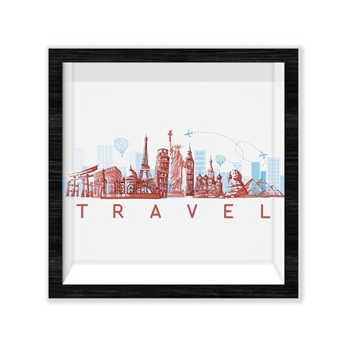 Black Travel Shadow Box Frame with Slot, Travel Theme Boxes Frames for Fund, 8x8 Memory Box for Keepsakes, Travel Gifts and Decorations, 25