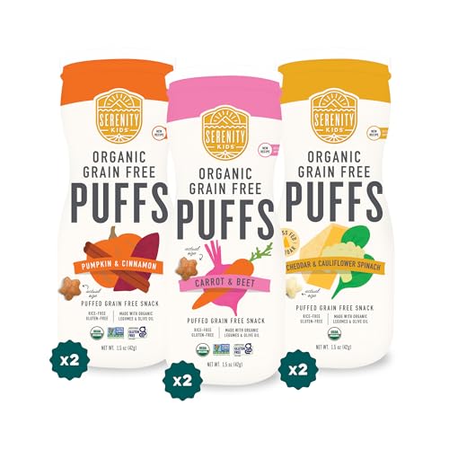 serenity kids 6 months baby puffs - pack of 6 15 oz variety pack- usda organic grain free toddler food - nut rice amp gluten free baby snacks with veggies legumes amp olive oil