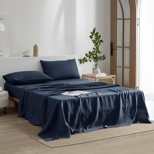EVERLY Linen Sheets Set King Size,100% French Stonewash Pure Linen Bed Sheets,4Pieces (1Flat Sheet,1Fitted Sheet,2Pillowcase) Suitable for Hot Sleepers,Deep Pocket Natural Bedding Set-Navy Blue