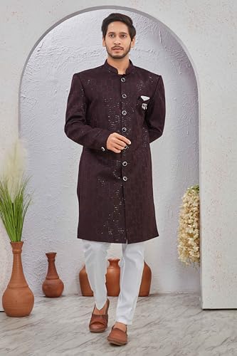 Indian Designer Wedding Festive Wear Men's Jacquard Indo-Western Sherwani Pajama Set4