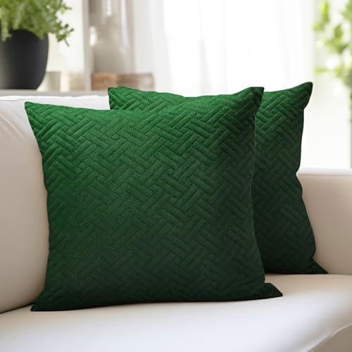 Image of Encasa XO Quilted Velvet Cushion Covers, Pillow Covers, No Inserts Green | 18 inchx18 inch | Double Sided Texture | Hidden Zipper | Machine Washable | Set of 2