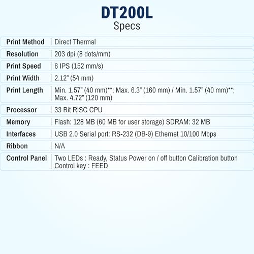 Image of McAuley Labels GoDEX DT200L Linerless Direct Thermal Printer - Kitchen Prep & Date Labels Printer - 2 inch, 203 DPI, Optional Auto-Cutter, USB /Serial /Ethernet