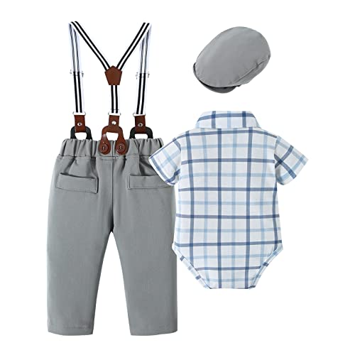 Image of nilikastta Baby Boy Wedding Outfits Infant Baby Boy Clothes Suit Dress Shirts /Suspender Pants /Bowtie /Beret Hat 0-18M