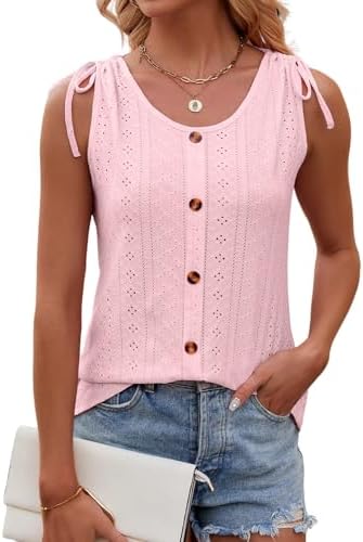 isermeo Tank Tops for Women Eyelet U Neck Drawstring Strap Shoulder 2024 Trendy Summer Tops S-XXL