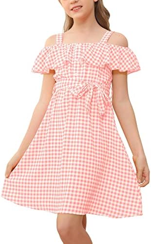 Girls Off Shoulder Summer Casual Dresses Plaid Print Ruffle Trim Tie Front A-Line Midi Swing Cami Sundress Pink