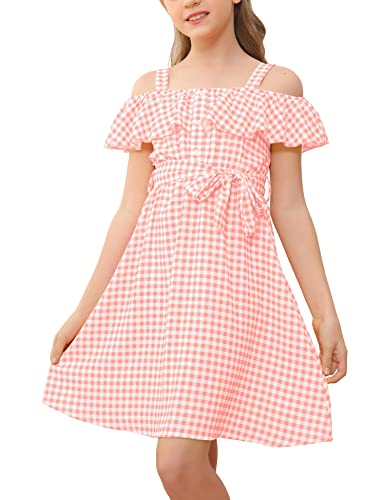 Girls Off Shoulder Summer Casual Dresses Plaid Print Ruffle Trim Tie Front A-Line Midi Swing Cami Sundress Pink #TOP10