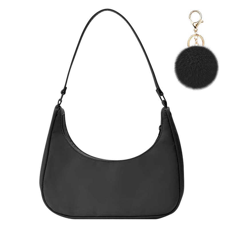 Aucuu Umhängetasche Damen Handtasche, Nylon Retro Achsel Tasche mit Pom-Pom-Schlüsselanhänger, Y2k Fashion Unterarmtasche mit Reißverschluss-Geschenk für Weihnachten und Geburtstag, Schwarz