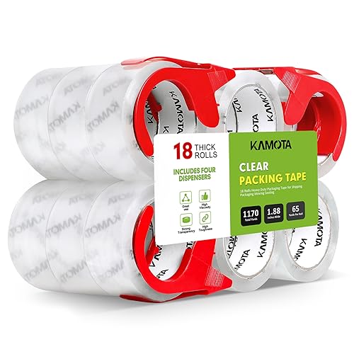 KAMOTA Cinta de embalaje, 18 rollos de cinta de embalaje transparente resistente para embalaje de envío, sellado en movimiento, 1.88 pulgadas de