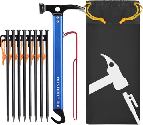 ペグハンマー テントハンマー キャンプハンマー セット アルミ製 軽量 ペグ打ち ペグ抜き 設営用具 高炭素鋼 30cm鍛造テントペグ8本 4m反射材テントロープ4本 土堀り アウトドア 登山 防災 (青色)