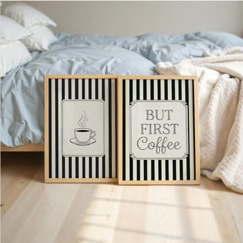 Image of Suneree But First Coffee Wall Art Set of 2 Framed Paintings | Black White Striped Coffee Poster Kitchen Cafe Decor | Home Office Wall Decor (Art 9, 10x13 Inches)