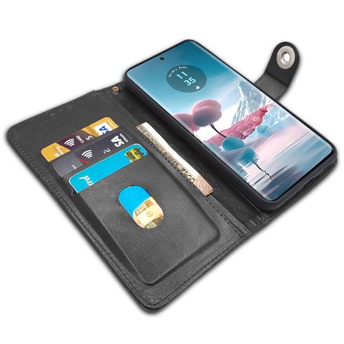 Image of Pikkme Moto Edge 40 Neo 5G Flip Cover Leather Finish | Wallet Stand and Shock Proof | Inside TPU with Card Pockets | Complete Protection Button Flip Case (Black)