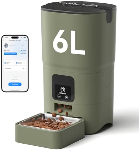 PAPIFEED Automatic Cat Feeder with App, 2.4G WiFi Cat Food Dispenser, 6L Timed Cat Feeders for Dry Food, 10 Meals/Day, 12 Portions/Meal, Dual Power Supply Smart Pet Feeder for Small Dog, Army Green